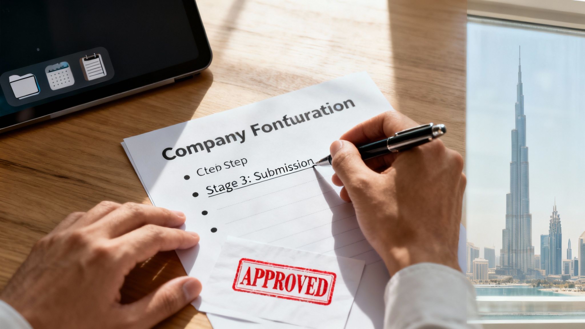 A person writing on a 'Company Fonfuration' document, with an 'APPROVED' stamp and Dubai skyline in the background.