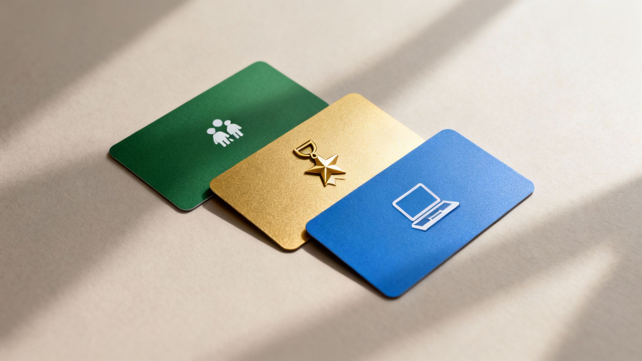 Three colorful cards, green, gold, and blue, displaying icons of people, a medal, and a laptop.