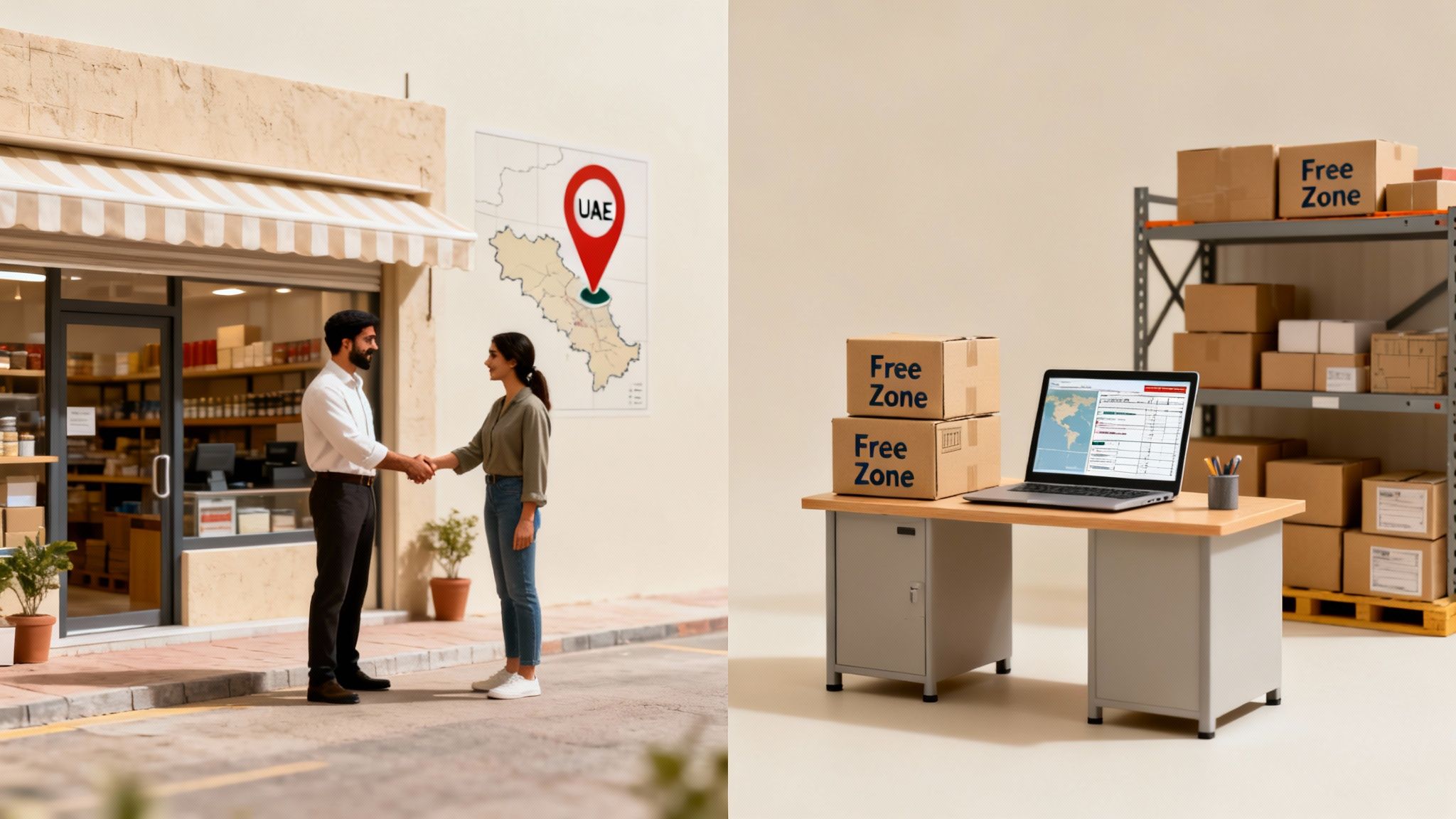 Two people shaking hands in front of a UAE store and a Free Zone office with boxes.