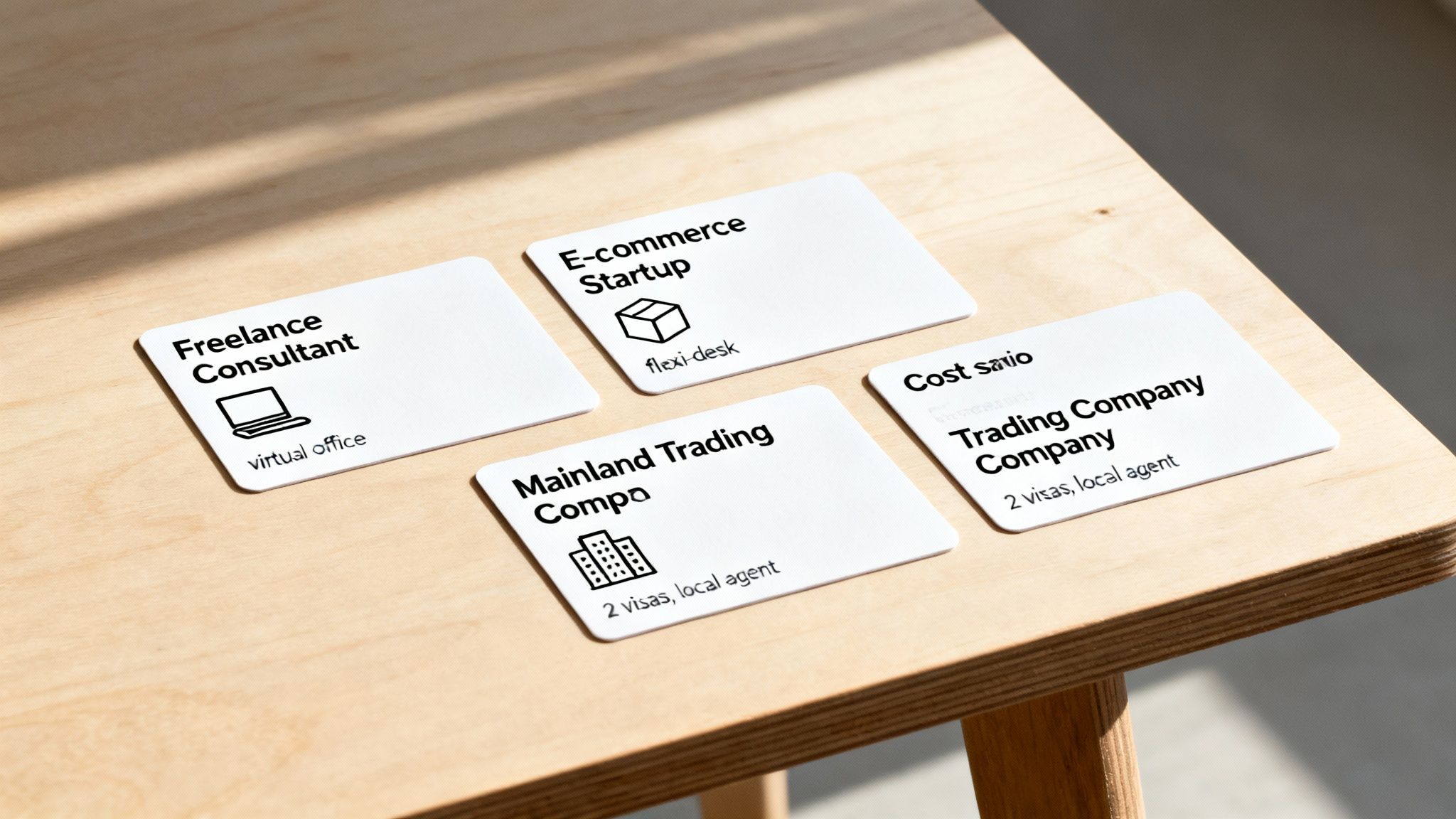 Four white business concept cards on a wooden table, showing options like freelance, e-commerce, and trading.
