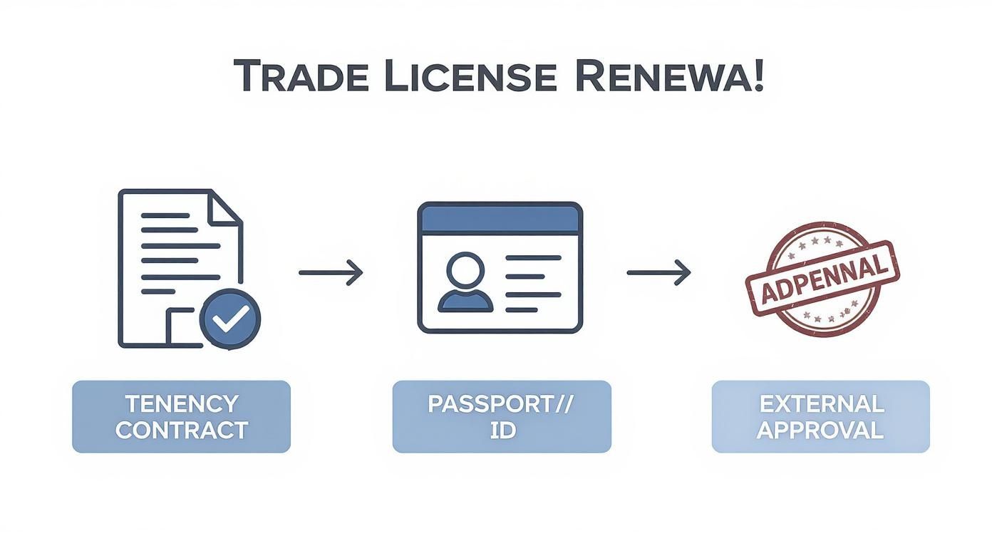 A step-by-step infographic illustrating the trade license renewal process, showing tenancy contract, ID, and external approval.