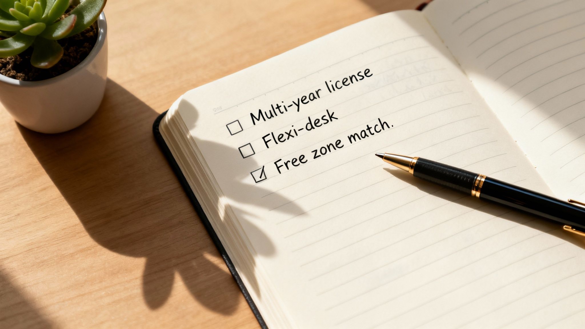 A checklist in a notebook on a wooden desk with 'Free zone match' checked.