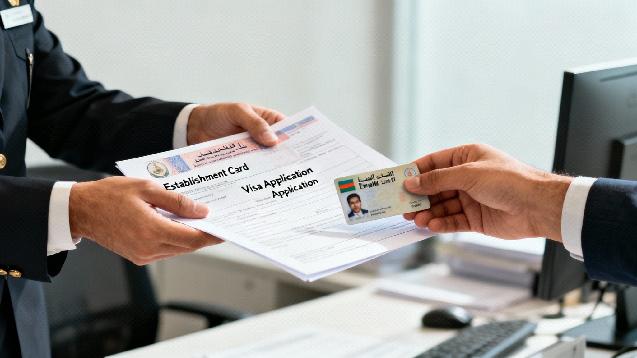 Two men exchanging visa application documents and an ID card at an official counter.