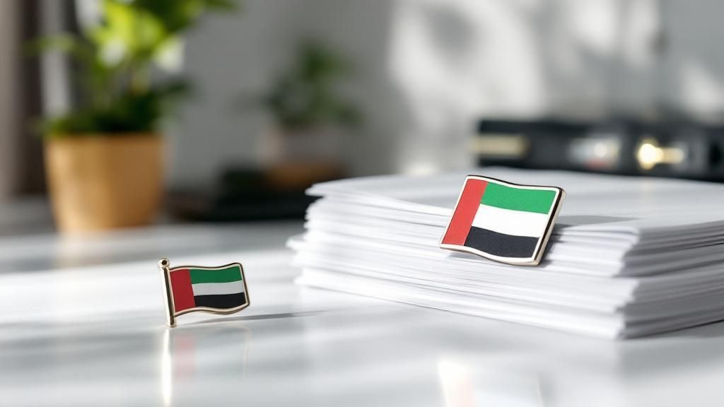 A desk with documents, a calculator, and UAE Dirham notes, illustrating the process of financial planning and document gathering for a business setup.