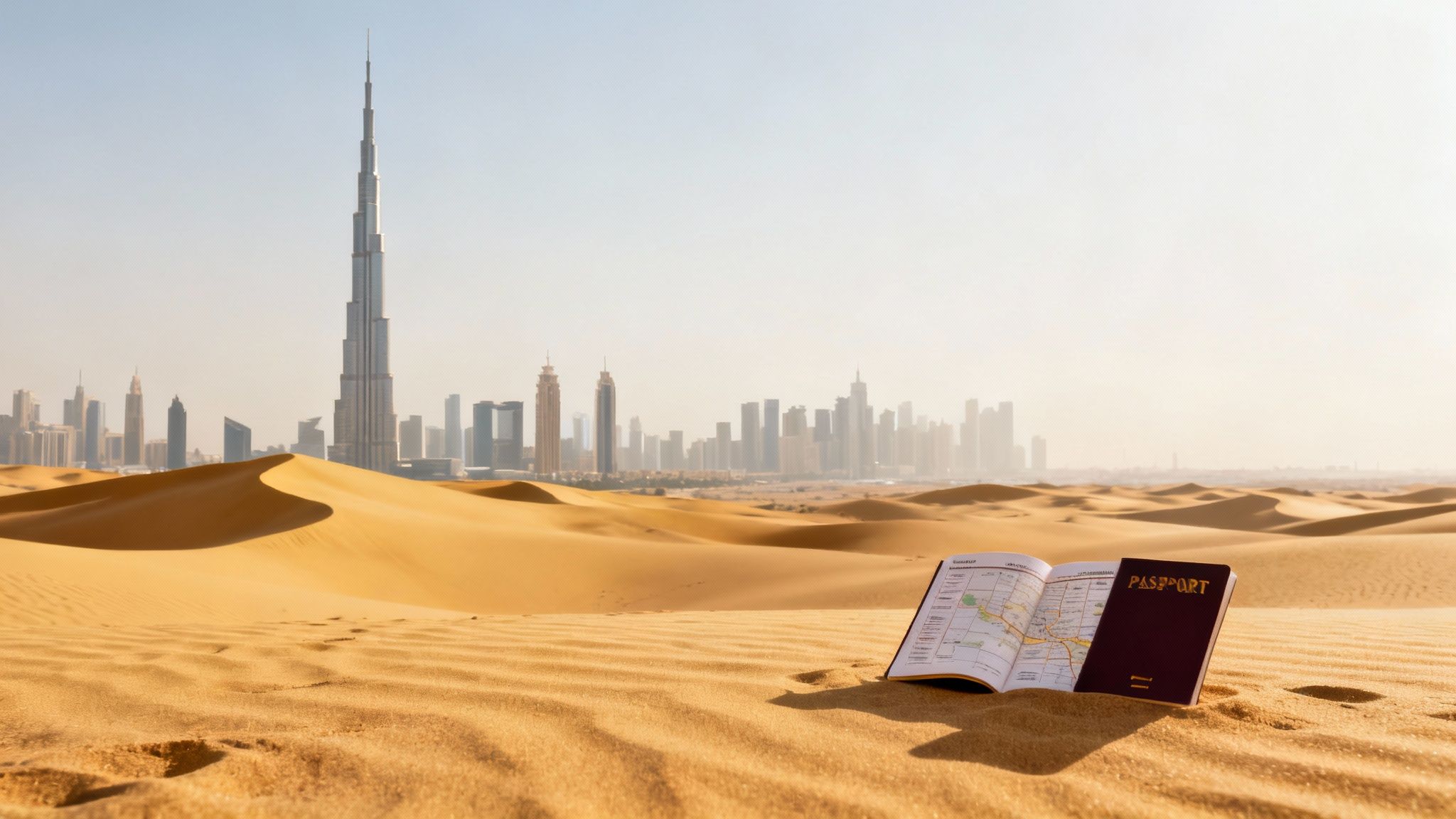 A travel guide and passport rest on golden desert dunes with Dubai's cityscape in the background, featuring the Burj Khalifa.