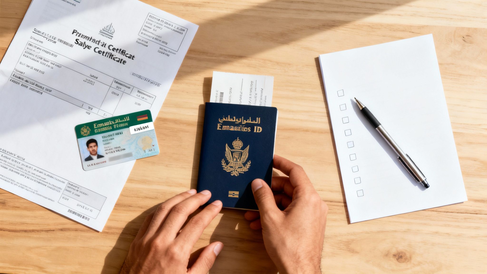 Hands holding a passport and Emirates ID card on a wooden desk with a certificate and checklist.