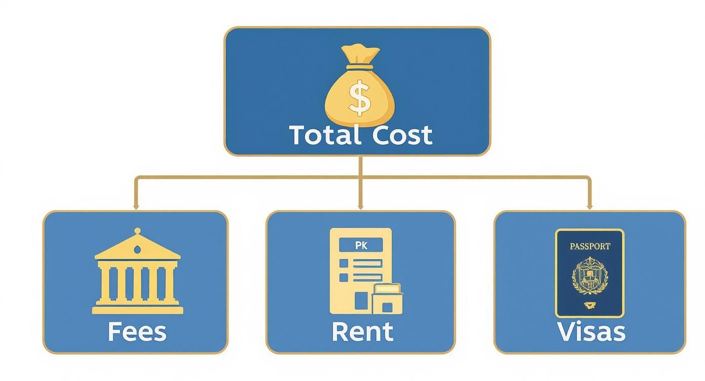 A flowchart illustrating the total cost breakdown into categories: fees, rent, and visas.