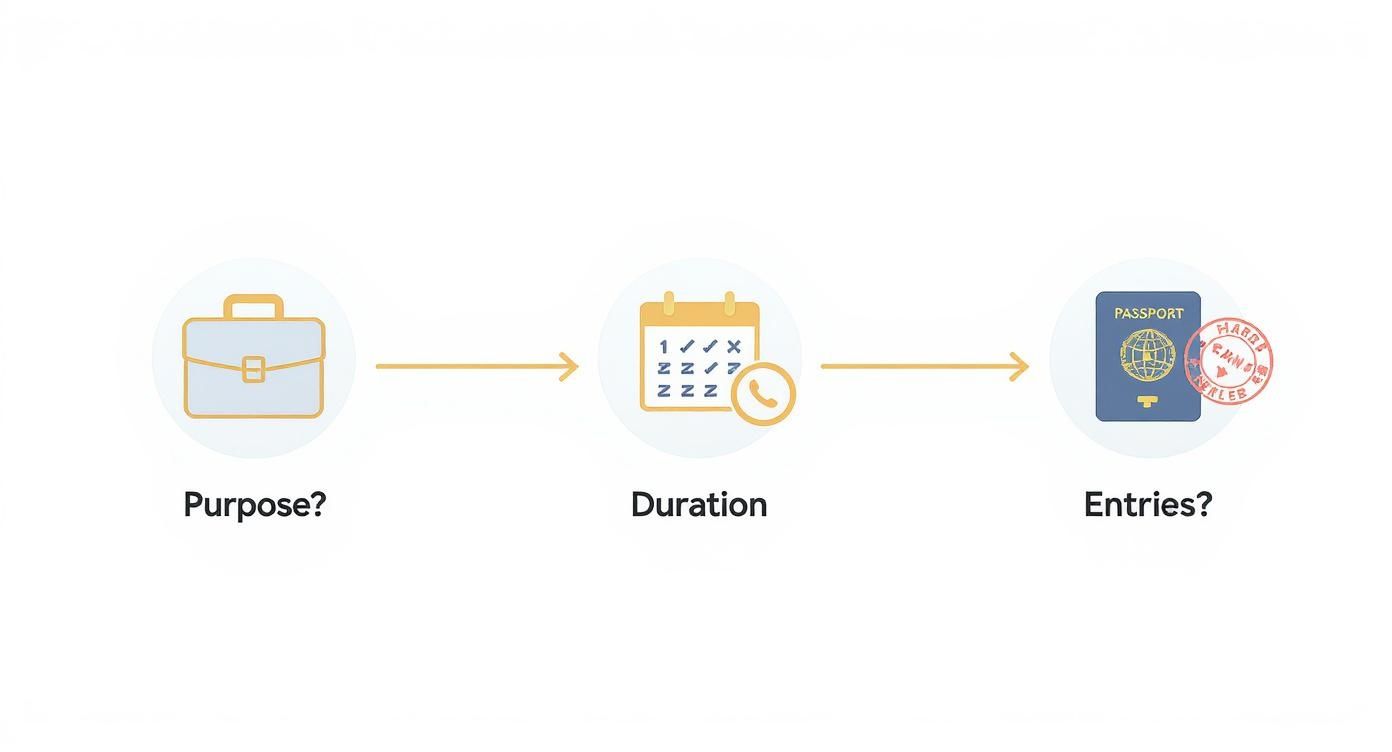 An infographic illustrating key visa application steps: purpose of travel, duration of stay, and number of entries.