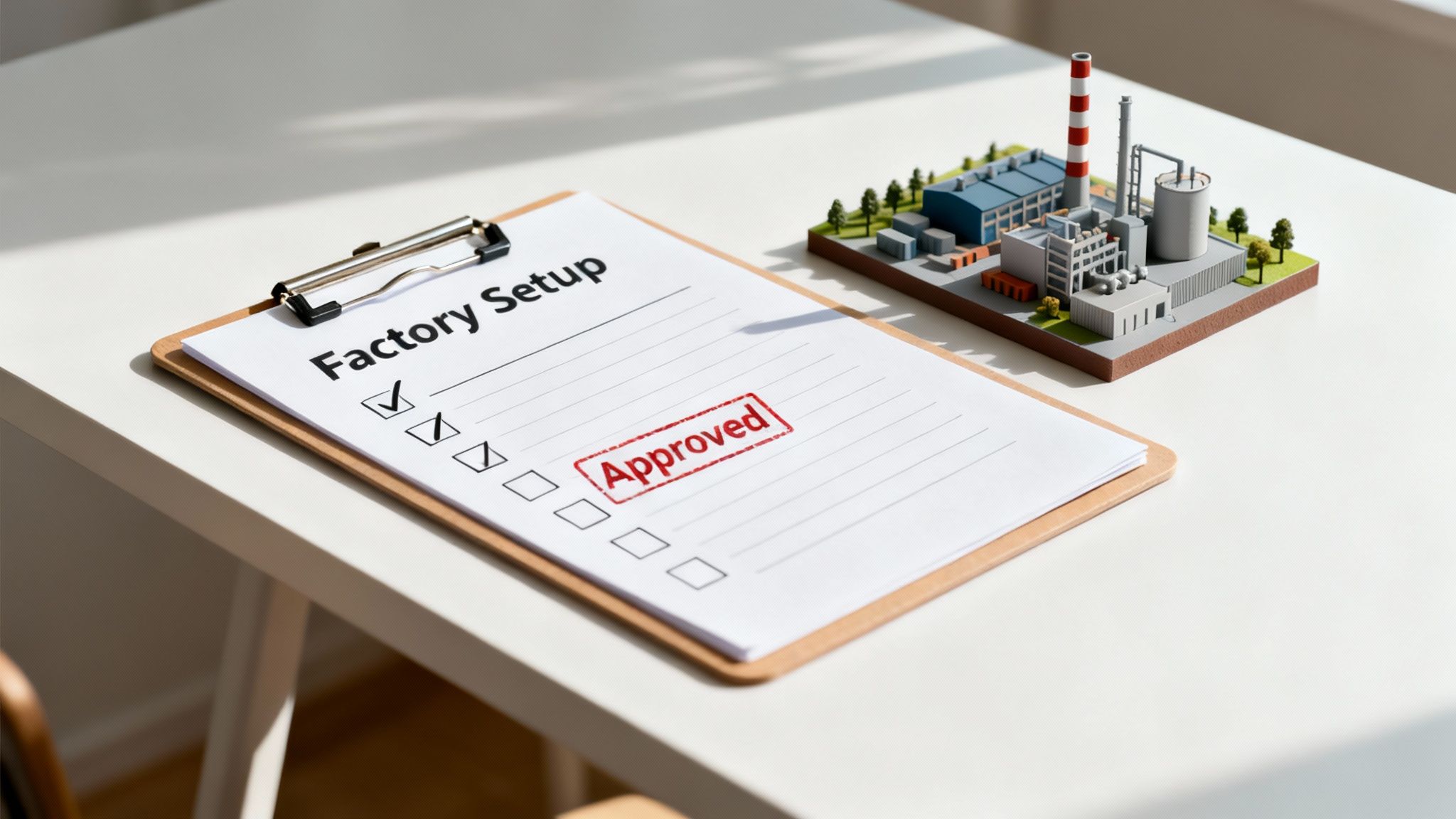 A factory setup checklist marked 'Approved' on a clipboard next to a detailed miniature factory model.