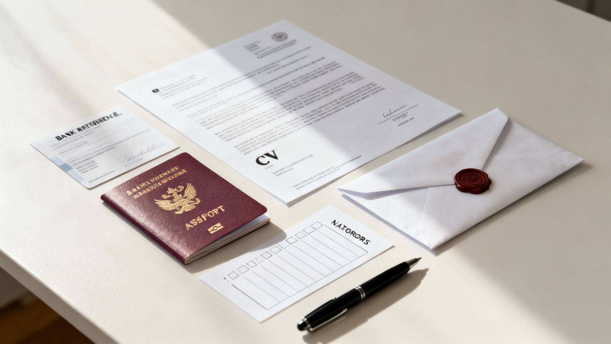 A collection of organized documents and a passport on a desk