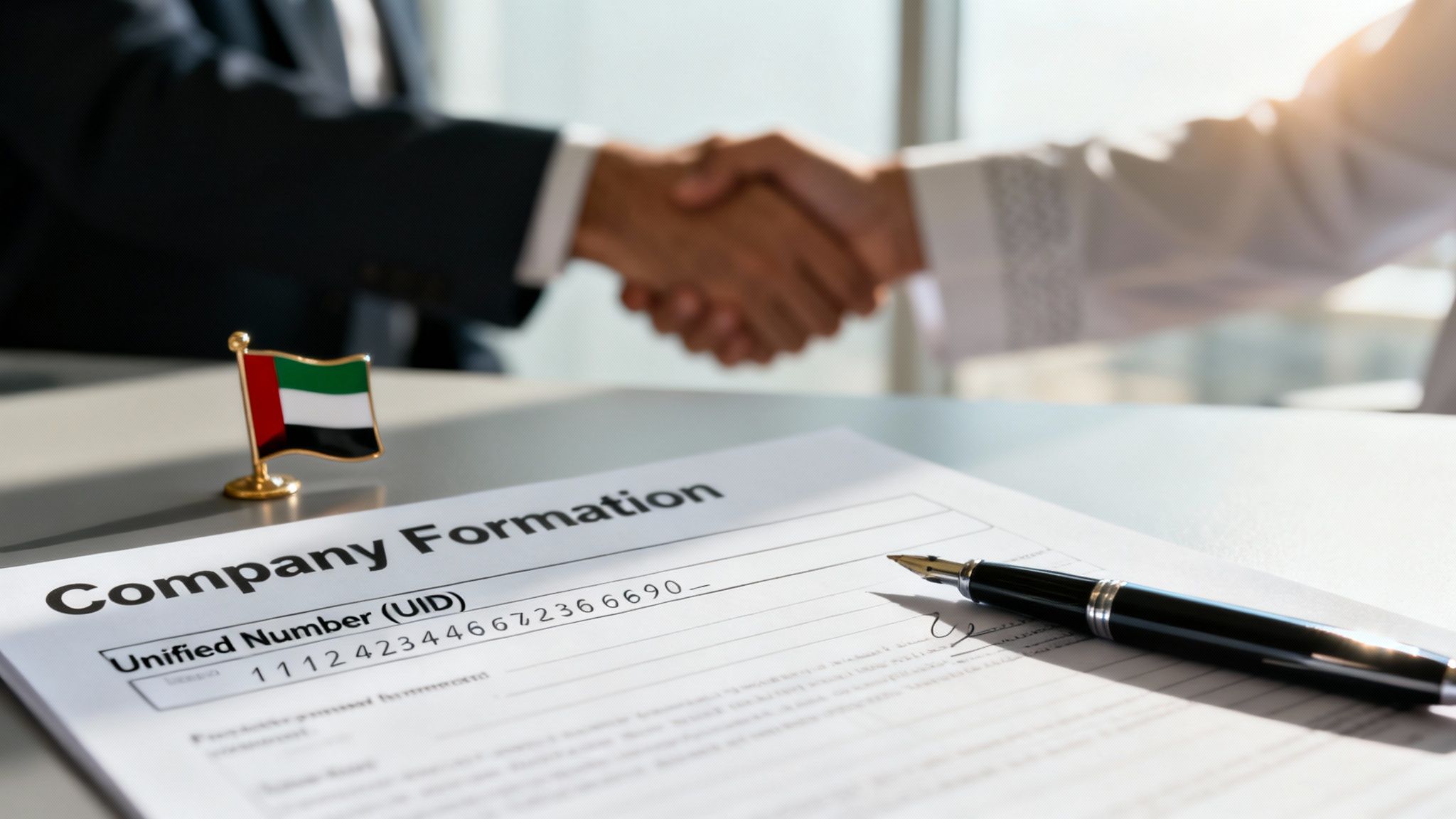 Close-up of 'Company Formation' document with Unified Number, UAE flag, pen, and business handshake.