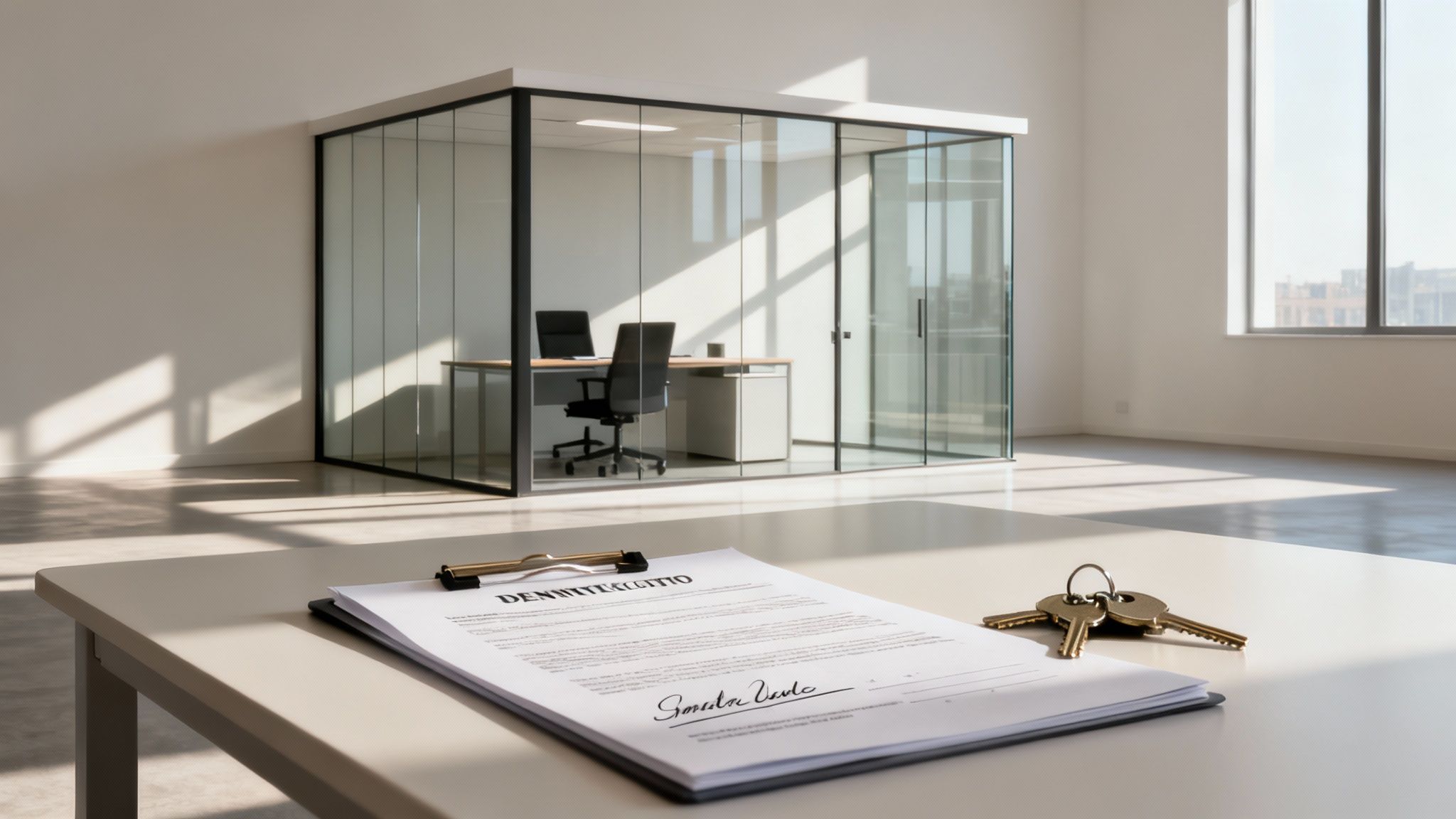 A modern, empty office space with a glass-partitioned private office, and a signed contract with keys on a table.