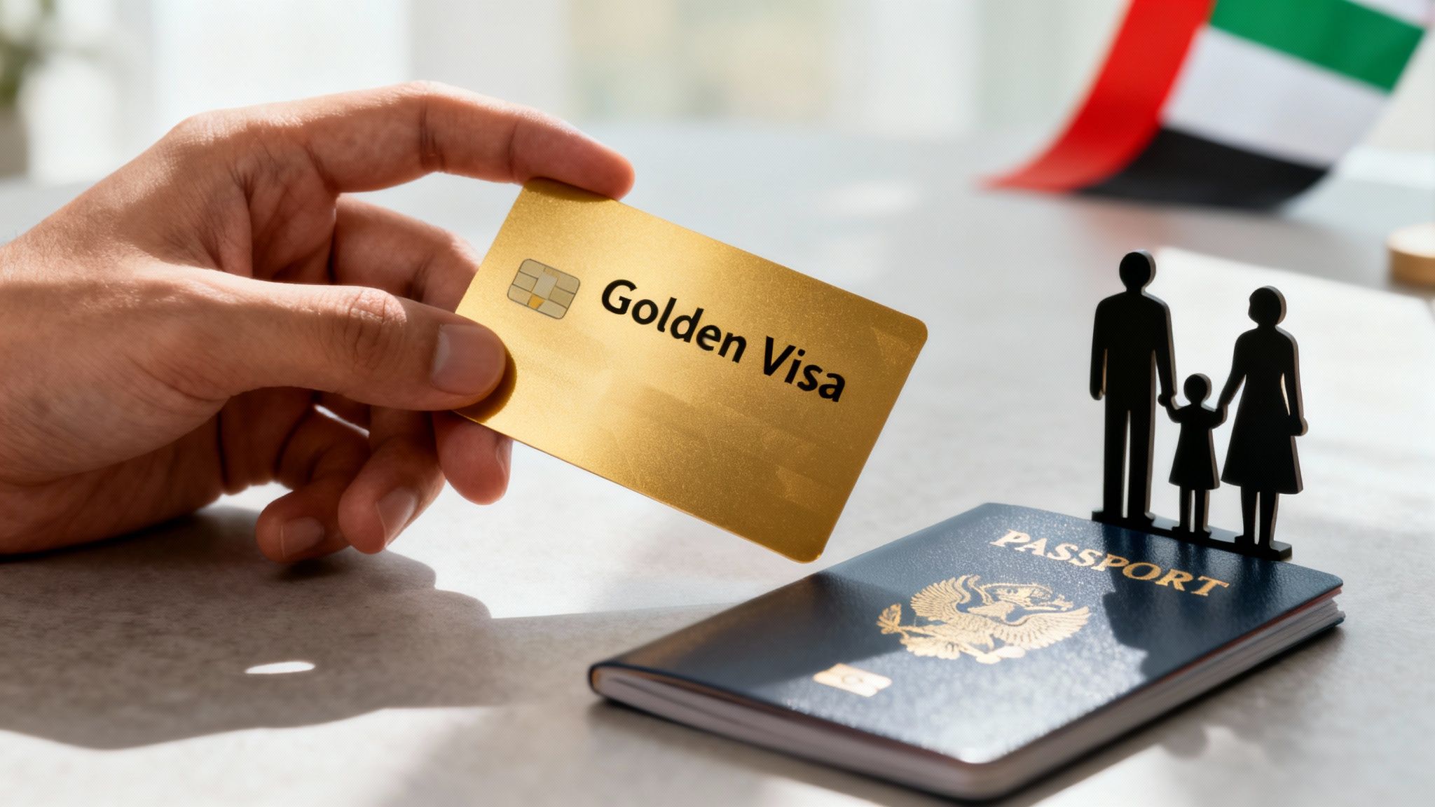A hand holds a golden 'Golden Visa' card above a passport and family figures, with a UAE flag.