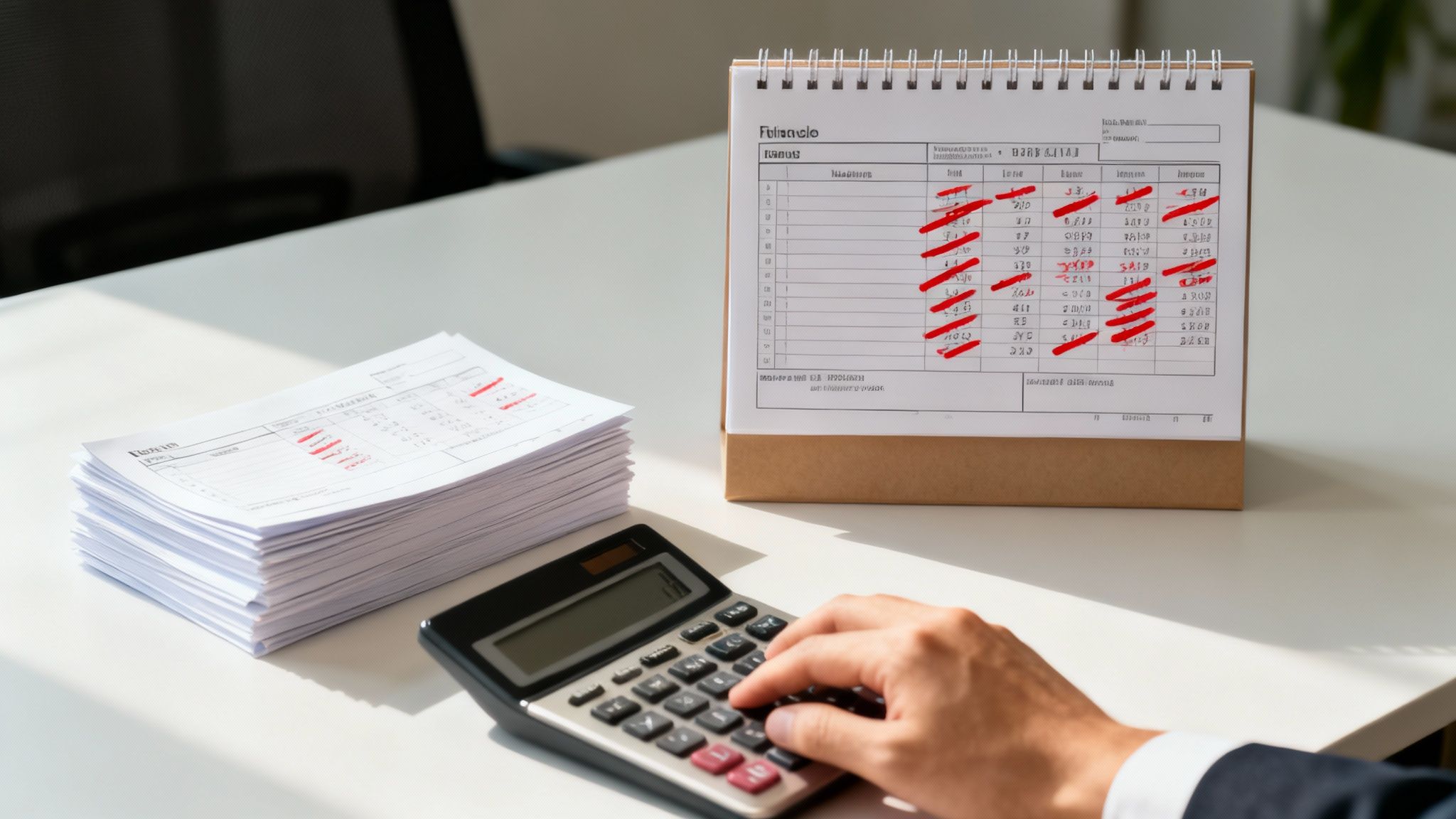 A person's hand operates a calculator on a desk next to stacked papers and a calendar with marked entries.