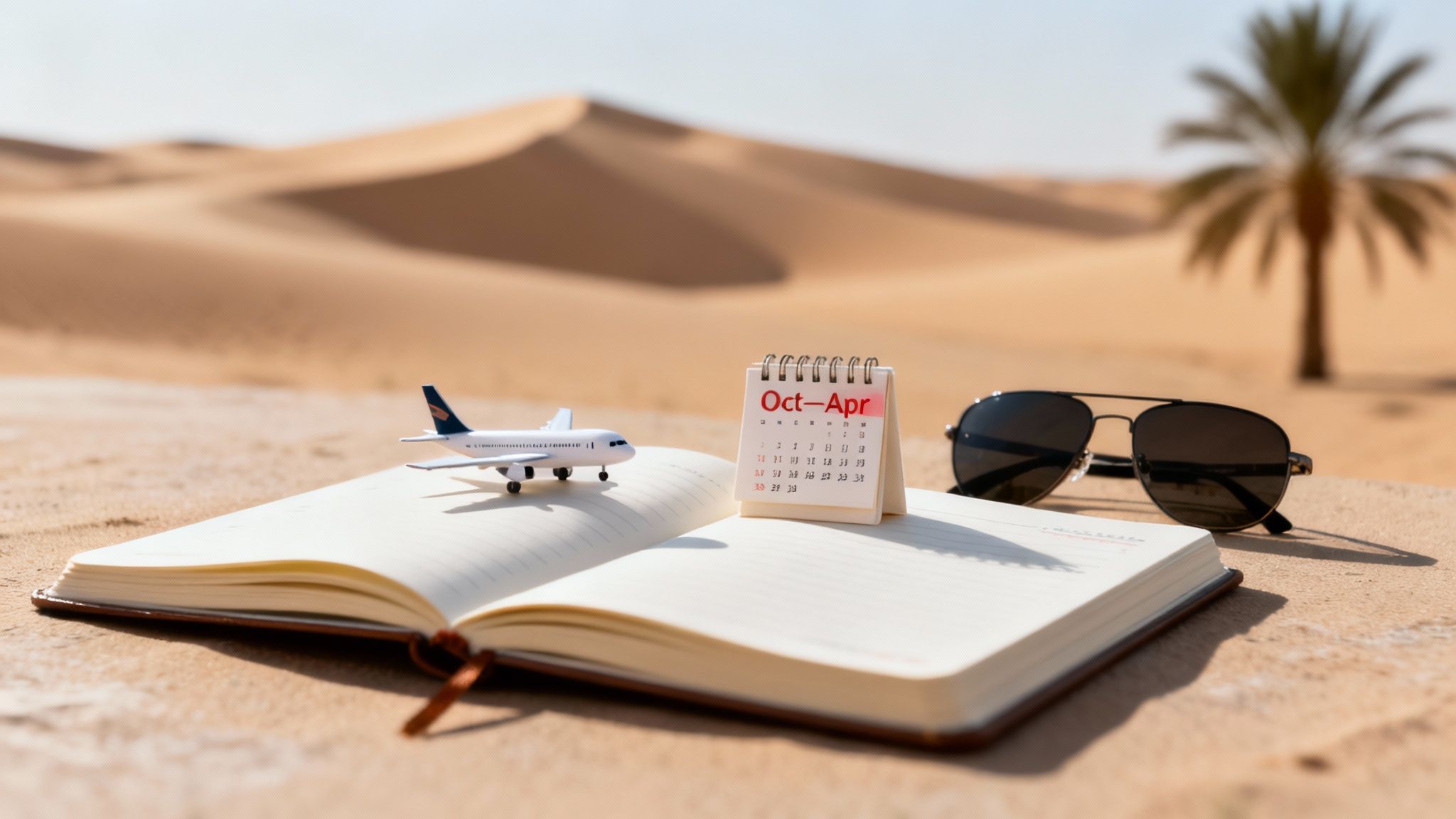 A toy airplane, calendar, sunglasses, and notebook on sand with a desert backdrop.