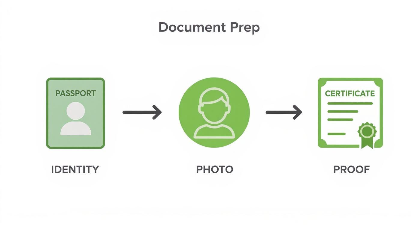 Flowchart illustrating document preparation steps: identity (passport), photo, and proof (certificate) for a process.