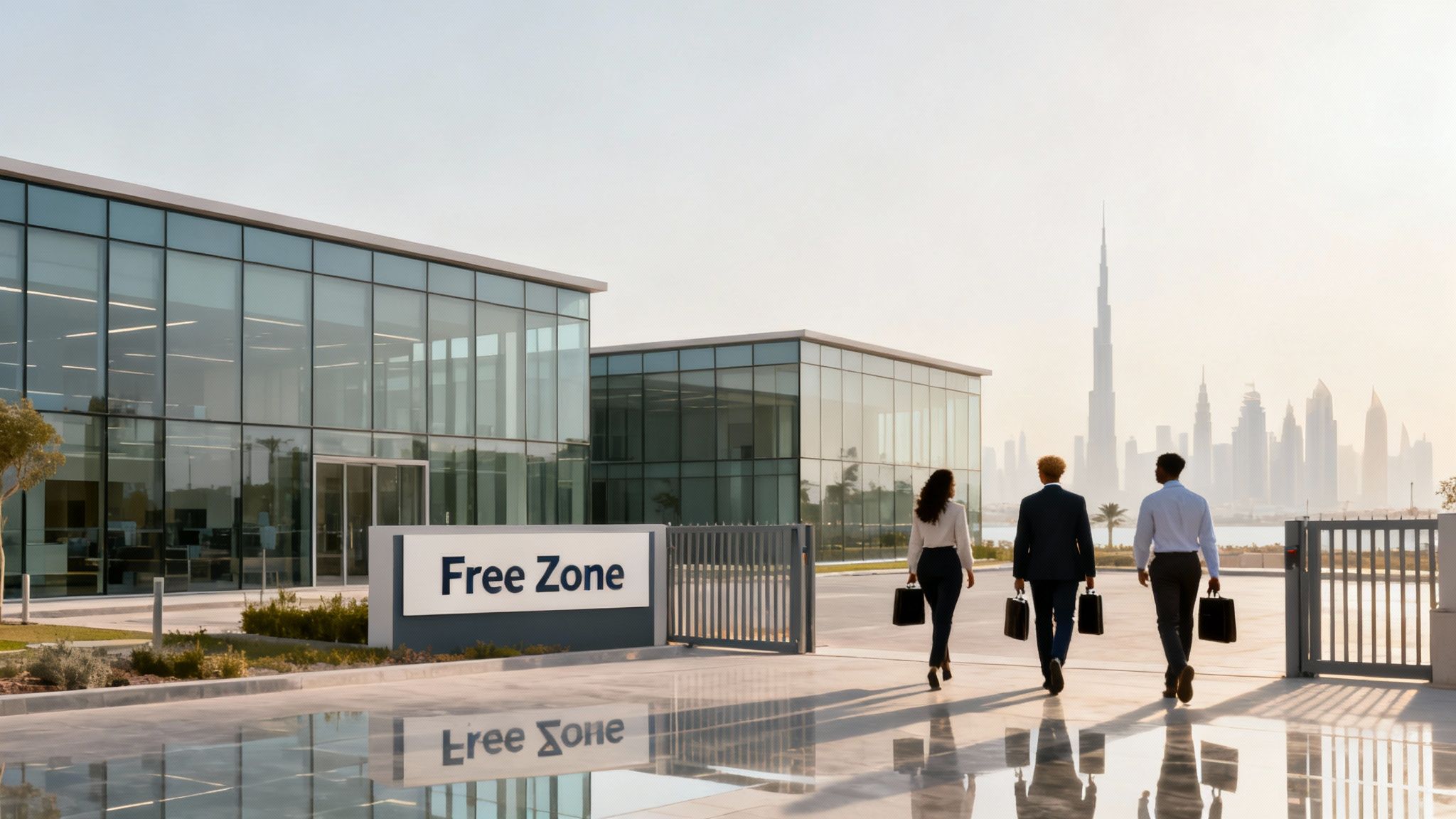Three business people walk towards the Dubai skyline from modern office buildings with a 'Free Zone' sign.