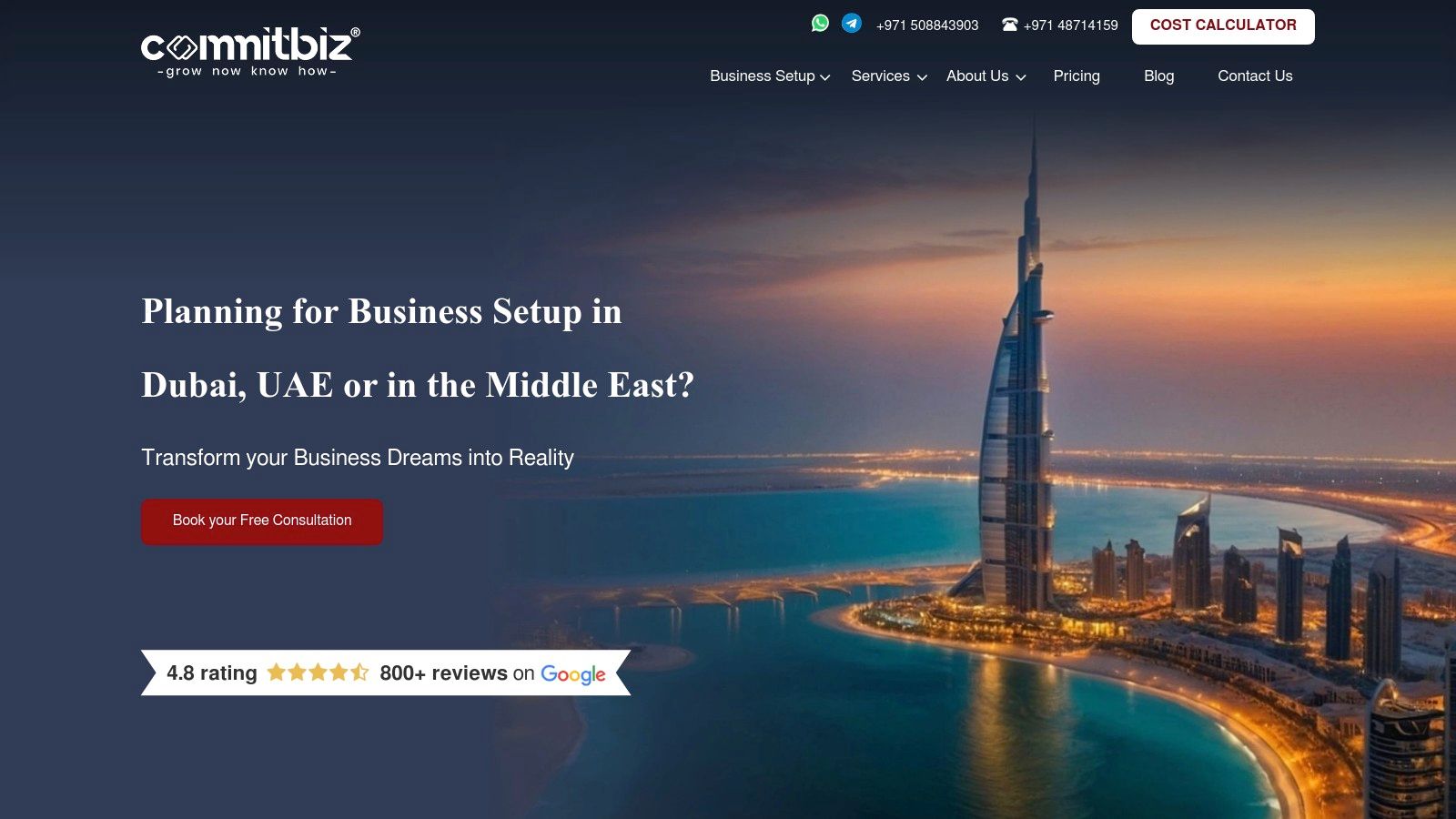 Commitbiz website showing their business setup packages and pricing.