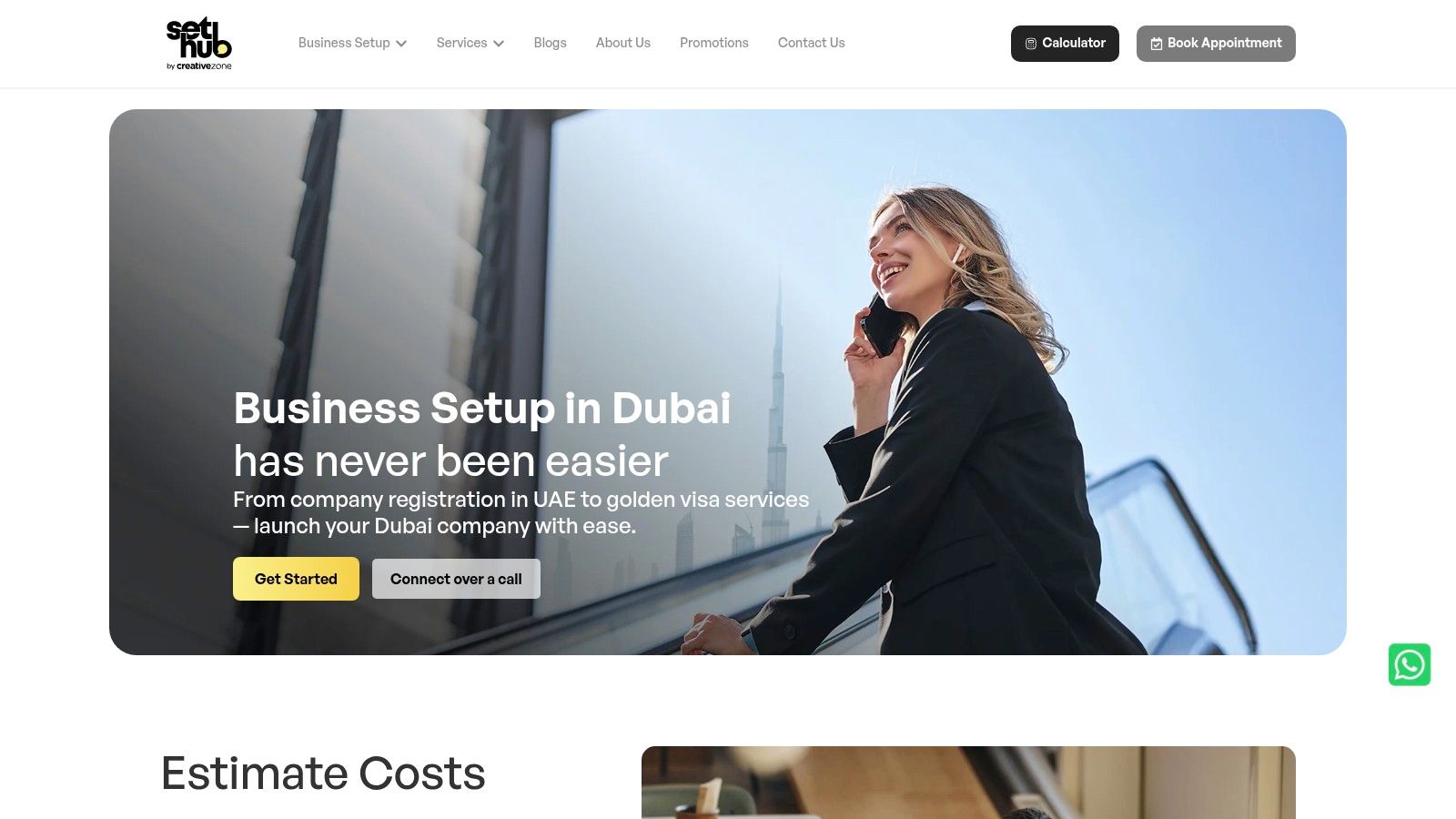 Set Hub website homepage featuring their cost calculator and branding.