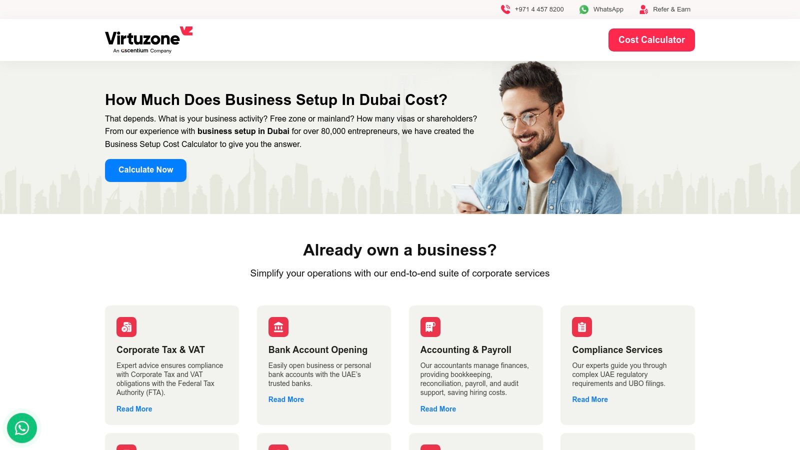 Virtuzone website homepage showing their service offerings and a call to action.