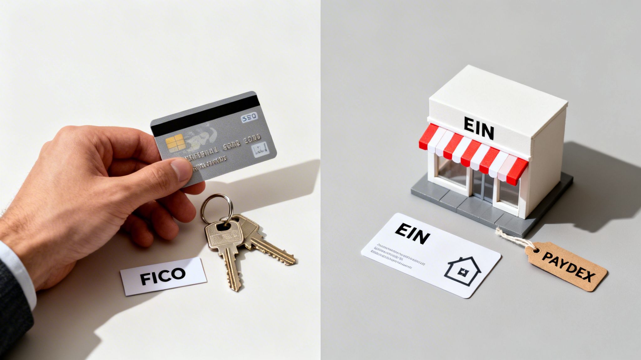 A visual comparison of personal credit (FICO, credit card, keys) and business credit (EIN, store, PAYDEX).