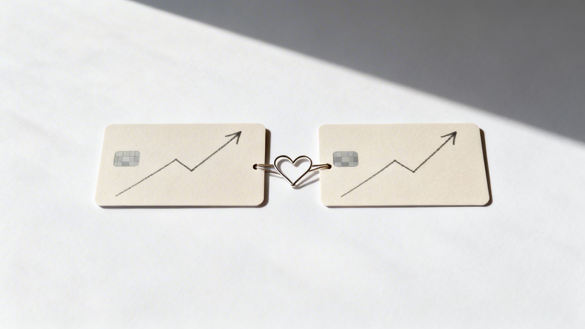 Two financial cards with upward trend graphs connected by a heart paperclip, symbolizing financial growth and unity.