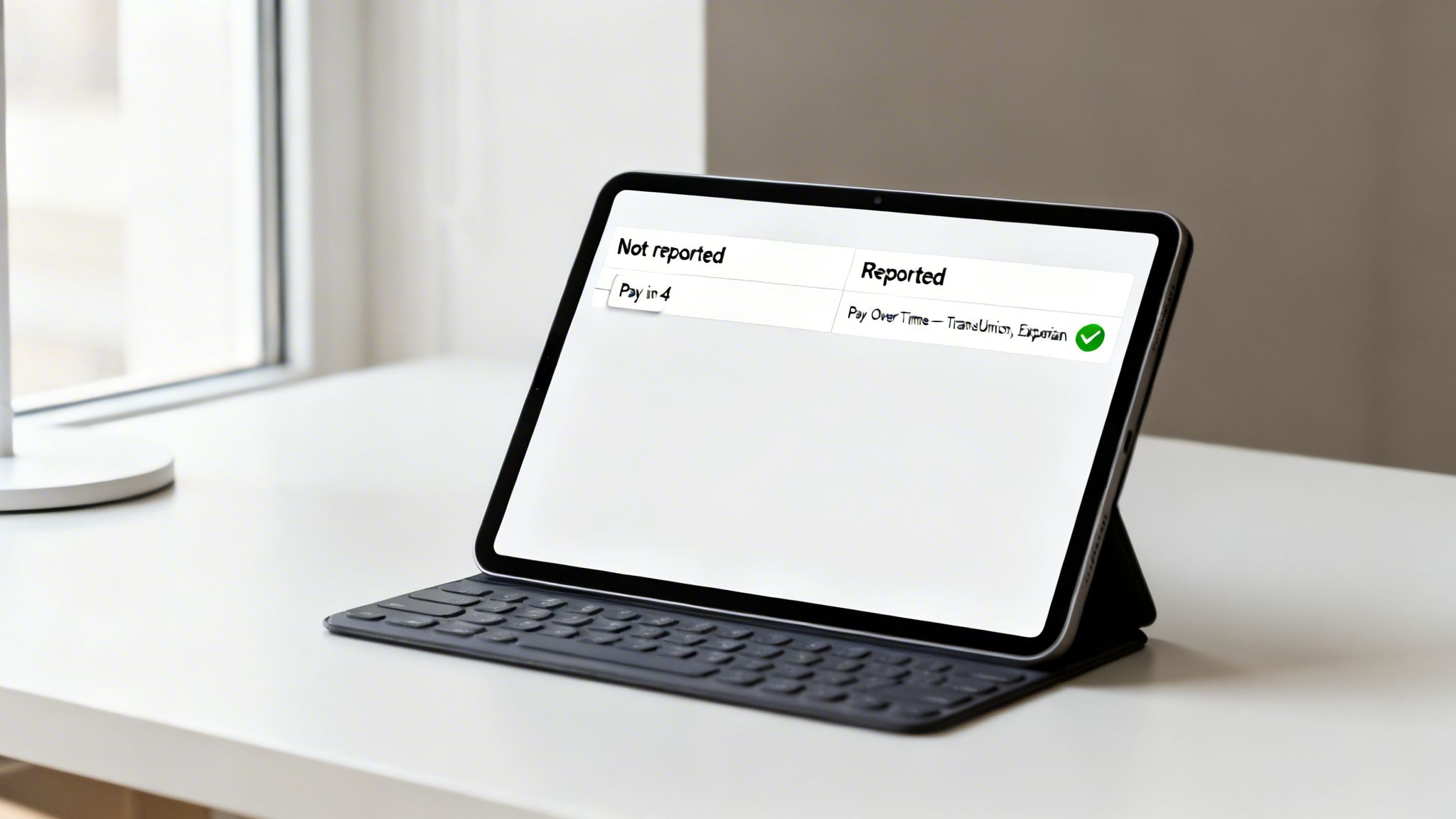A tablet screen showing credit reporting status for 'Pay in 4' and 'Pay Over Time' with TransUnion and Experian.