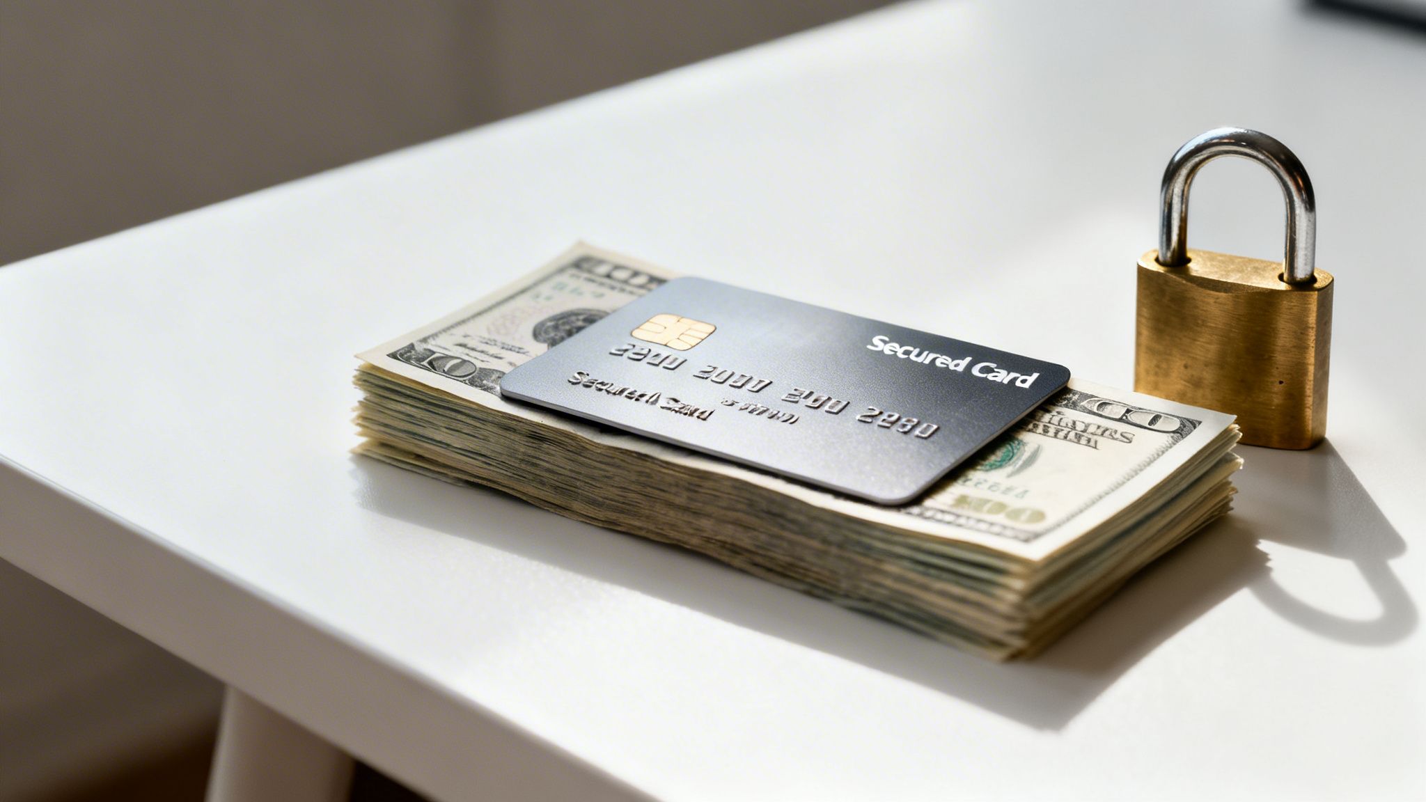 A black secured credit card on a stack of hundred-dollar bills, next to a brass padlock.