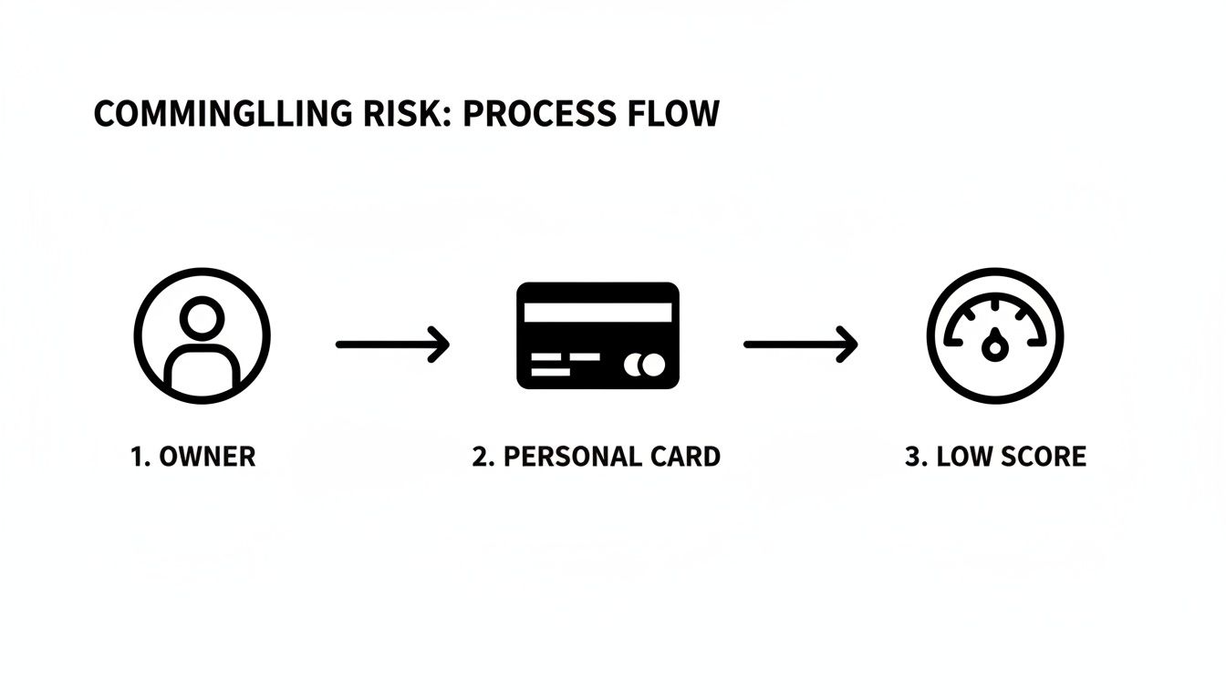 Process flow diagram showing commingling risk: owner uses personal card, leading to low score.