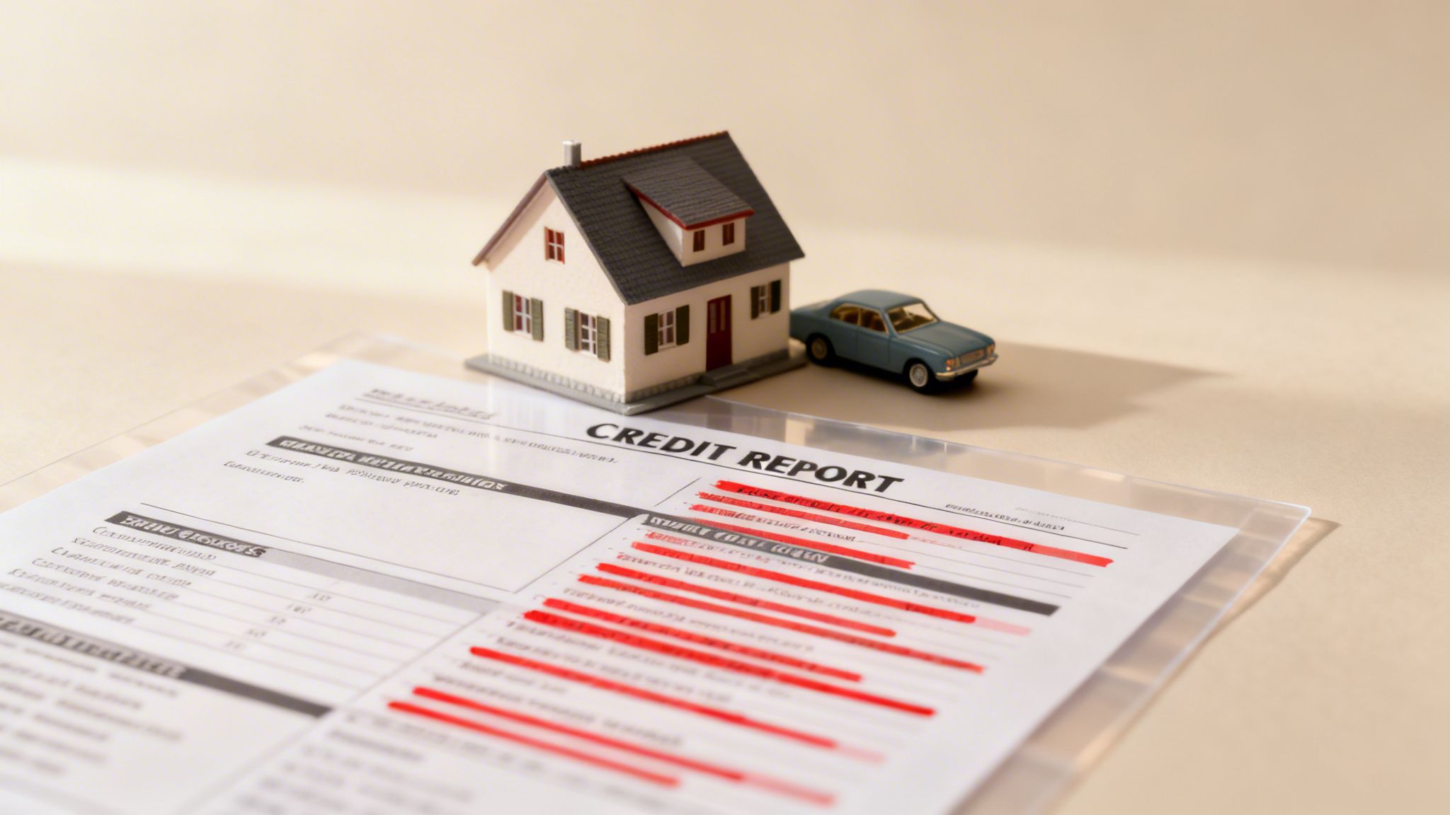 A credit report document with red highlights, a miniature house, and a car on a desk.
