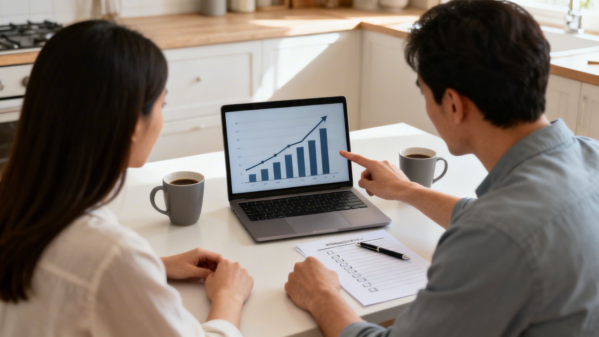 A couple discusses financial growth, looking at a laptop with an upward trending graph and a checklist.