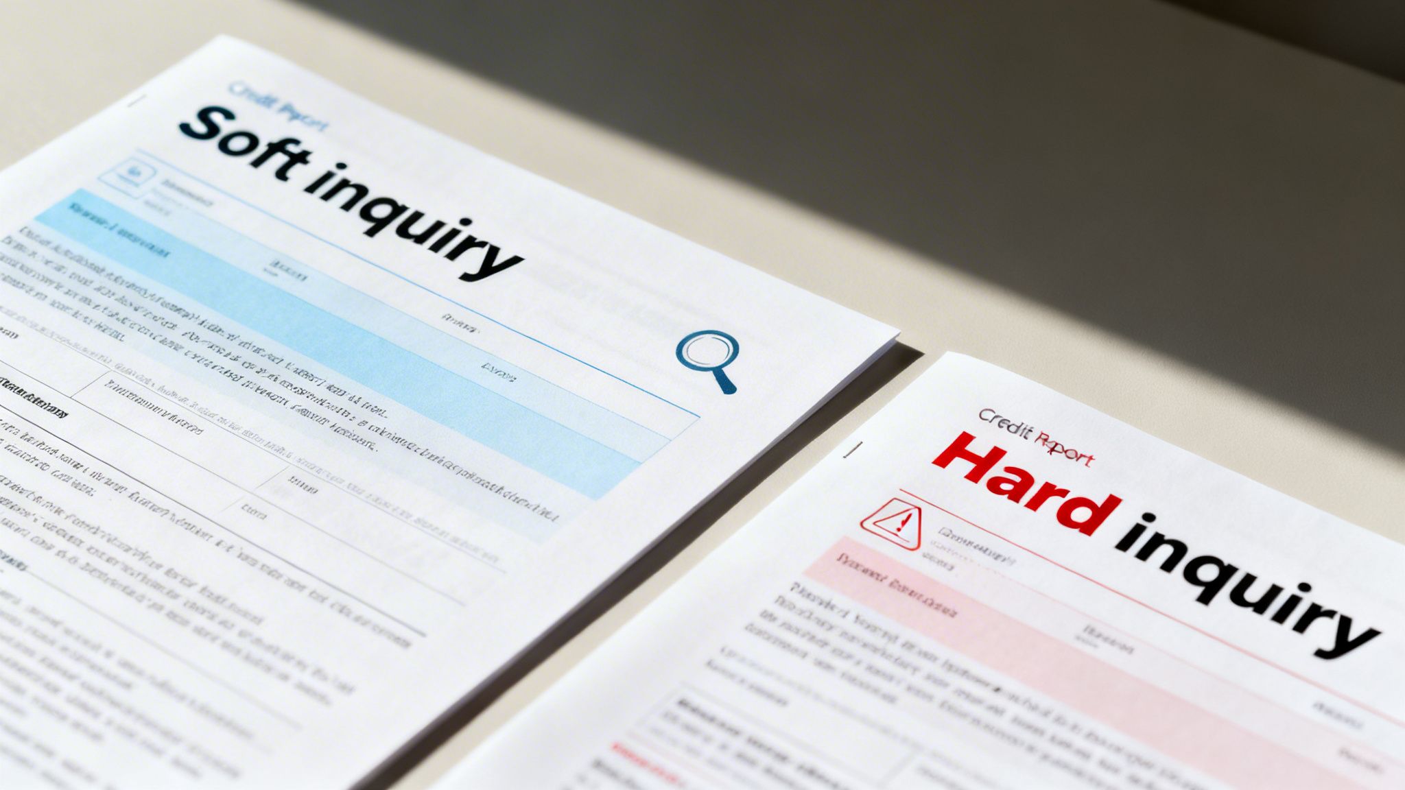 Two credit report documents, one for 'Soft inquiry' with a magnifying glass and another for 'Hard inquiry' with a warning sign.