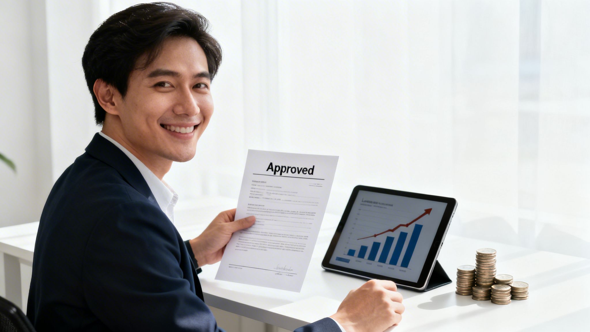 Smiling Asian businessman holds an "Approved" document, with financial growth chart and coins on the desk.