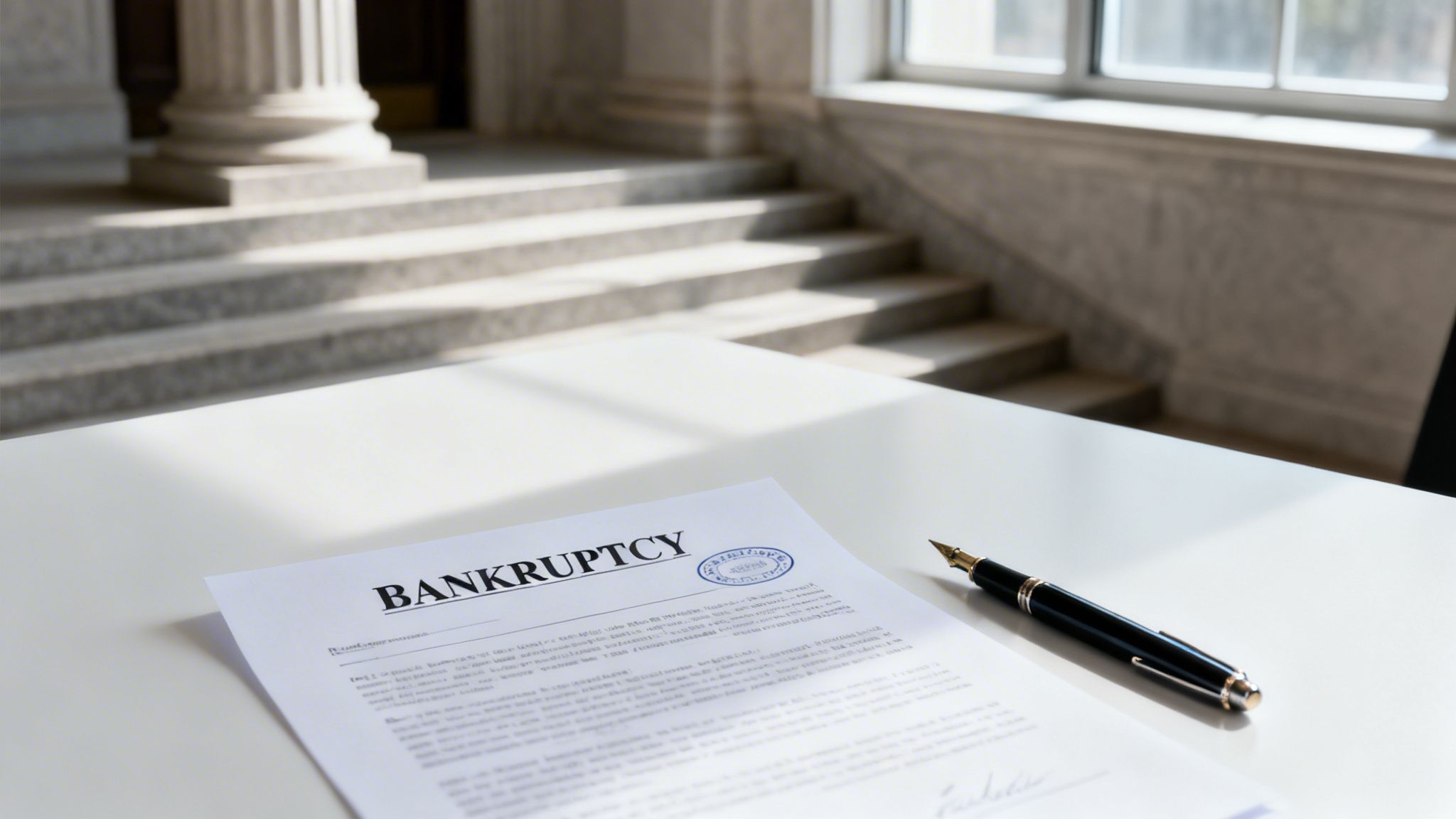 A document titled 'BANKRUPTCY' with a seal, next to a pen on a table in a formal building.