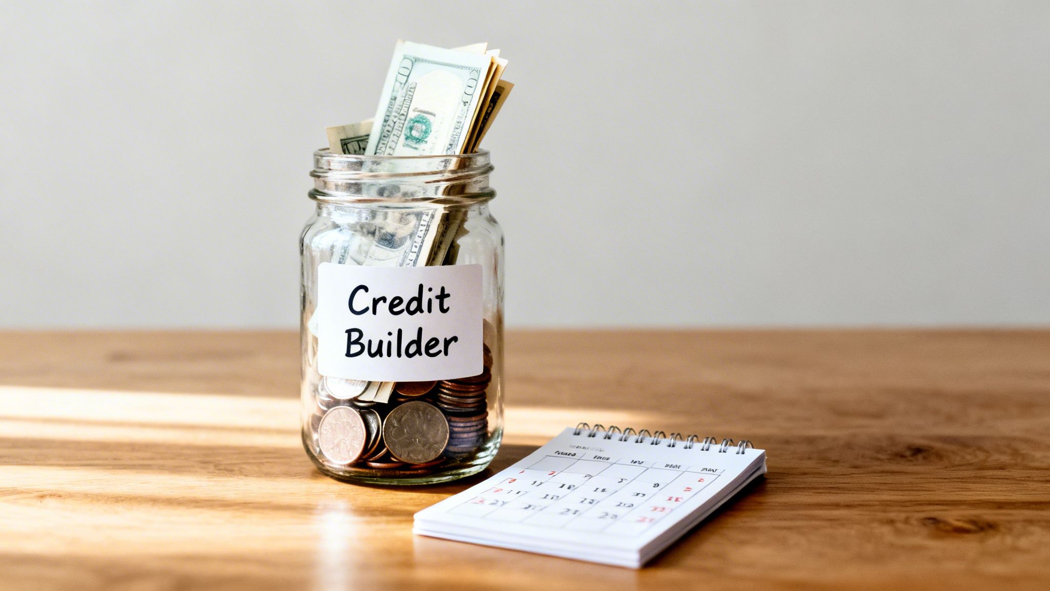 Glass jar labeled "Credit Builder" containing cash and coins, with a calendar on a wooden table.