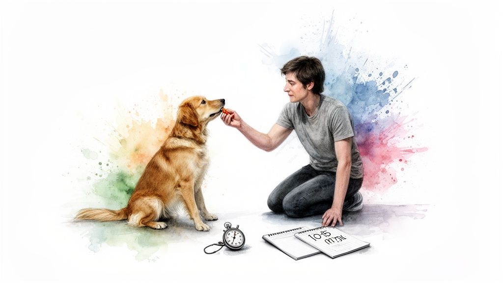 Person kneels to give a treat to a golden retriever during a training session with a stopwatch and notebook.