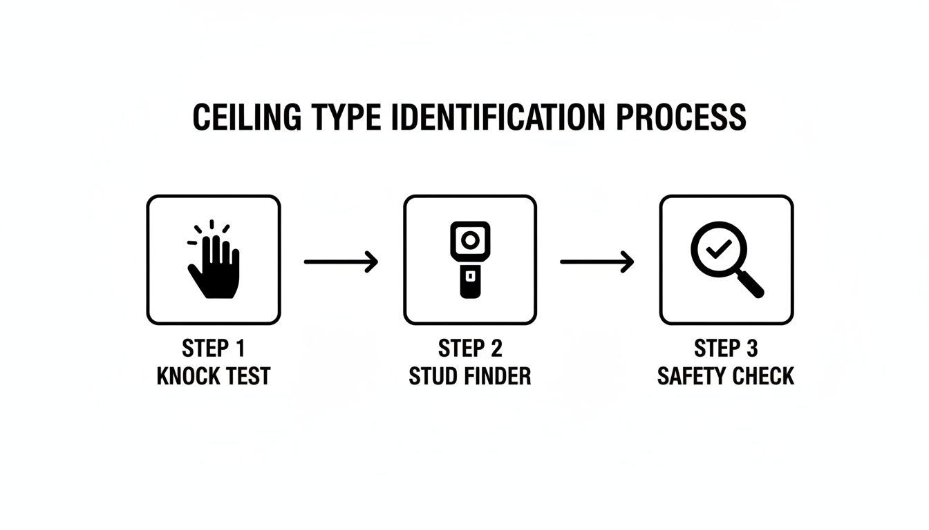 Diagram illustrating a three-step process for ceiling type identification: knock test, stud finder, and safety check.
