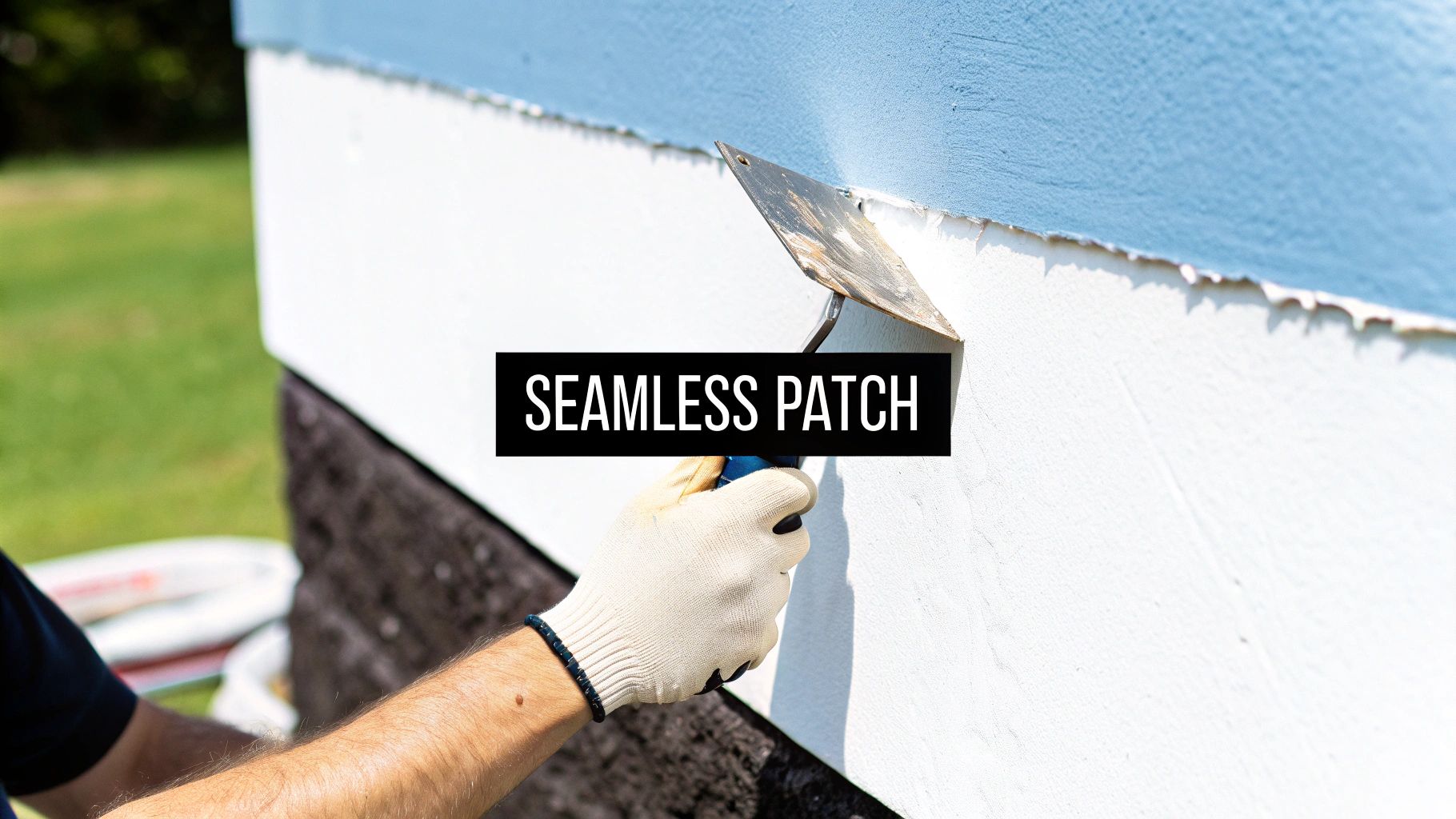 A worker in a glove applies a seamless patch to a white wall under blue trim.