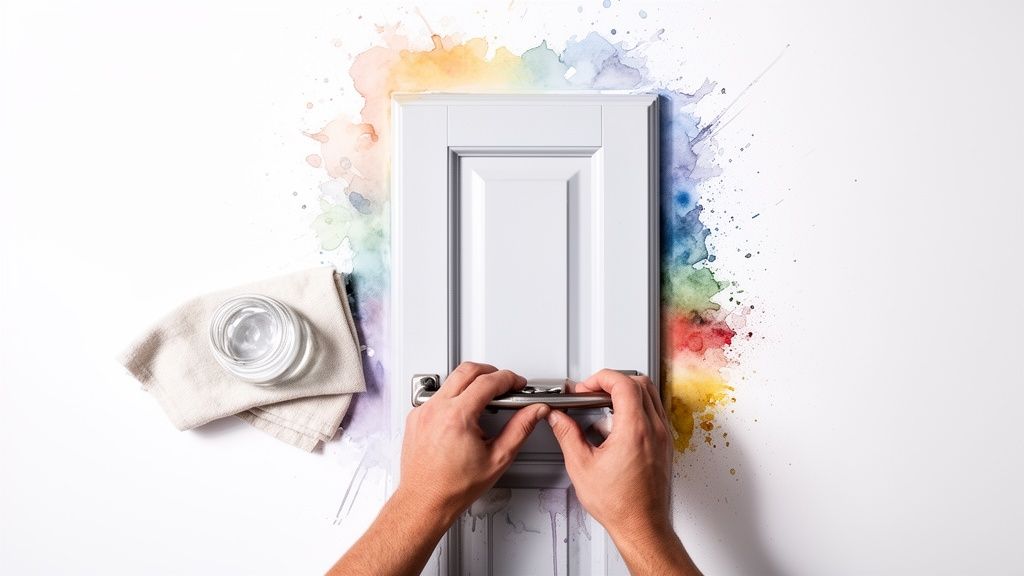 Hands installing a handle on a white kitchen cupboard door with colorful paint splatters.