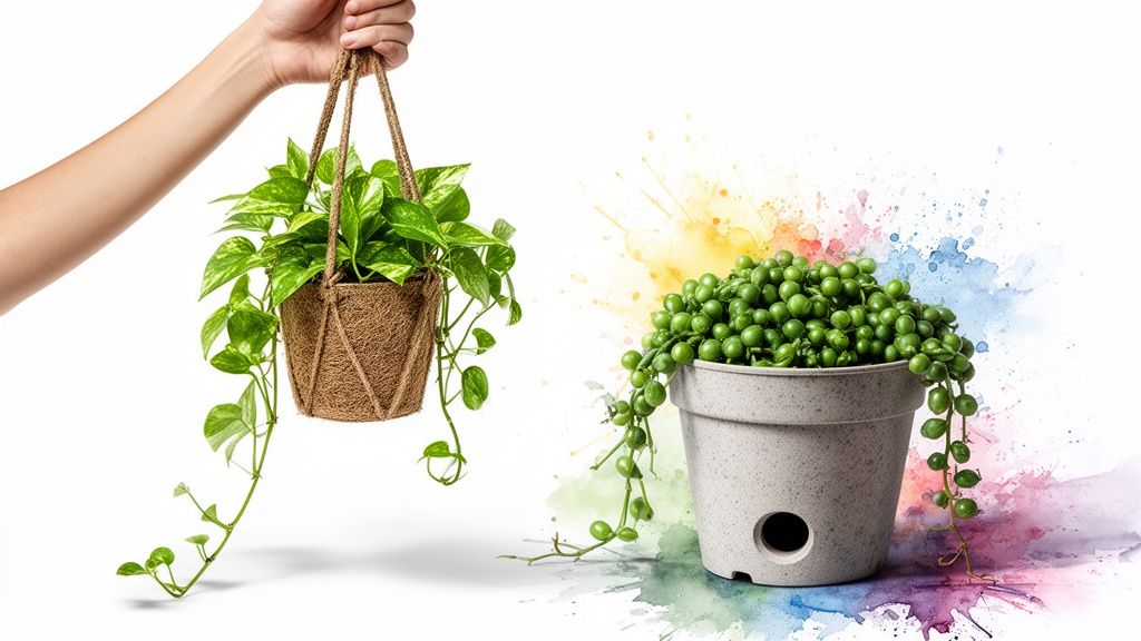A hand holding a hanging Pothos plant and a String of Pearls plant in a pot with colorful watercolor background.