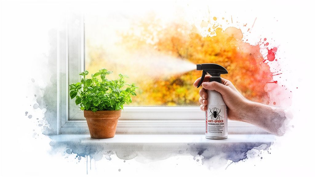A hand sprays anti-spider repellent from a white bottle, aiming out a window near a potted plant.