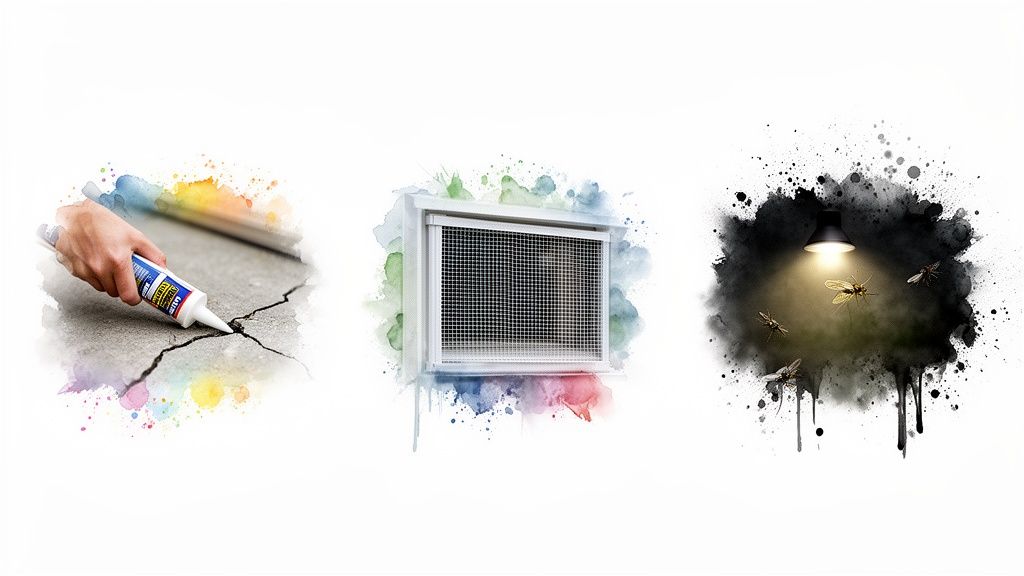 Three images illustrating pest control methods: sealing cracks, window screening, and insect light traps.