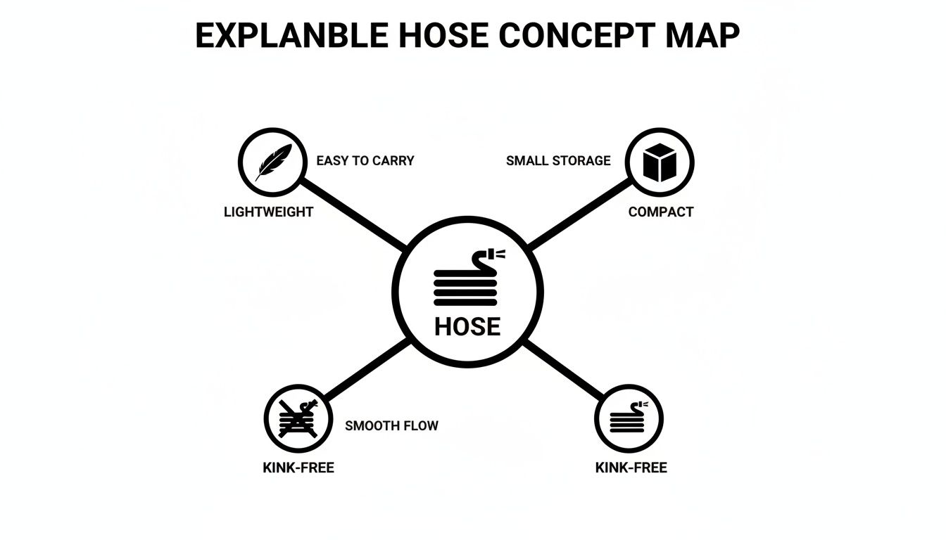 Concept map illustrating an expandable hose with benefits such as lightweight, compact storage, and kink-free operation.