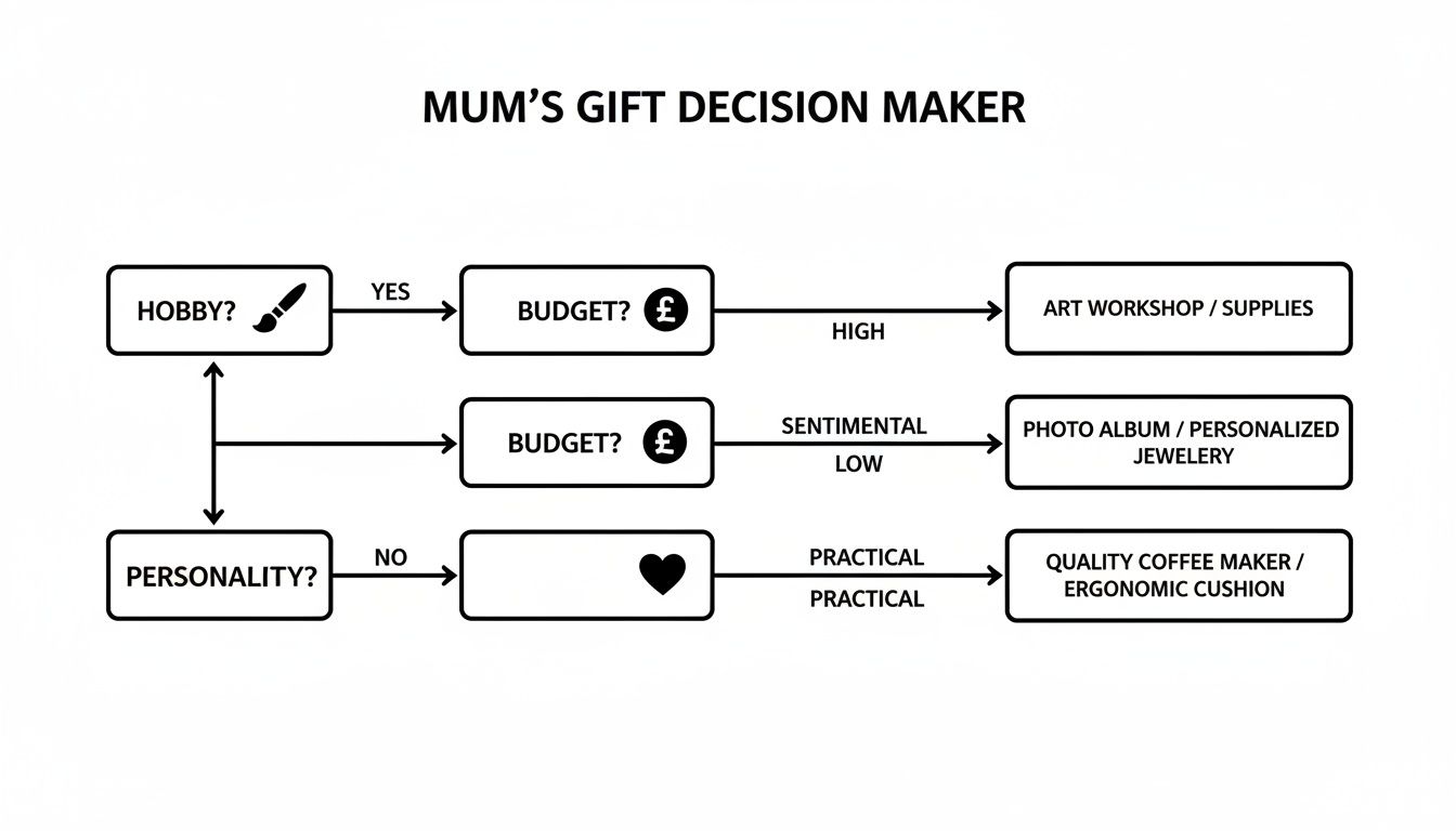 A flowchart showing a decision-making process for mum's gift ideas based on hobby, budget, and personality.