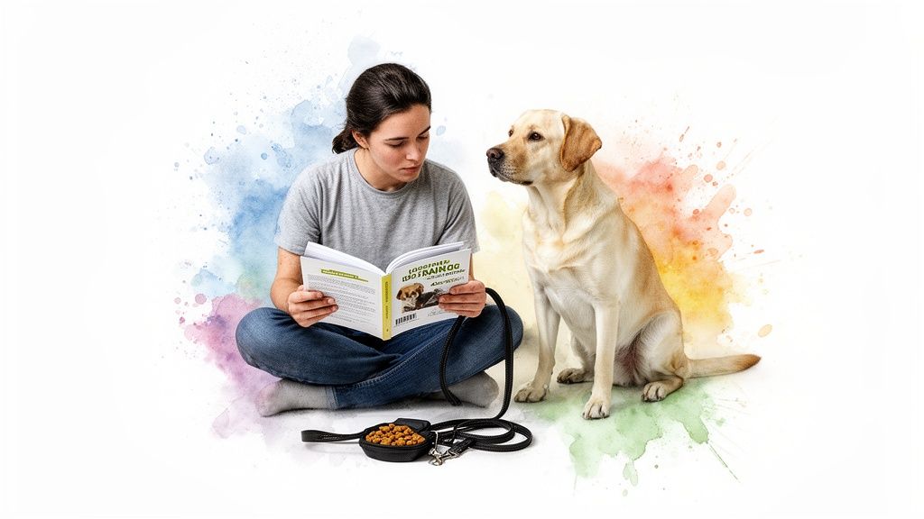 A woman reads a dog training book while a Labrador sits attentively beside her, with treats and a leash nearby.