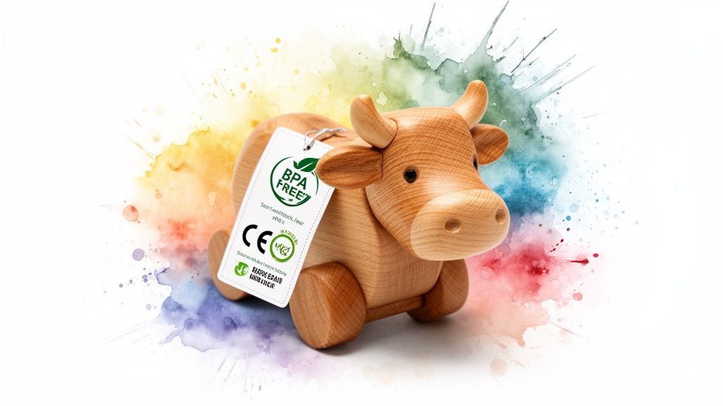 A natural wooden toy cow on wheels, featuring a tag with 'BPA FREE' and 'CE' certifications, against a colorful watercolor splash background.