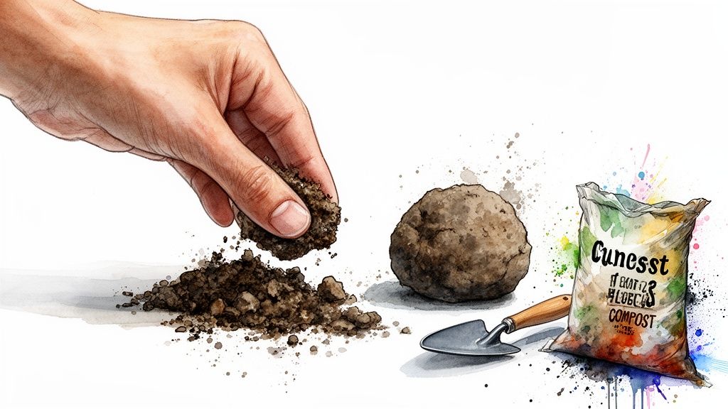 A hand crumbles dark soil onto a pile, next to a large lump of earth and a bag of compost with a trowel.