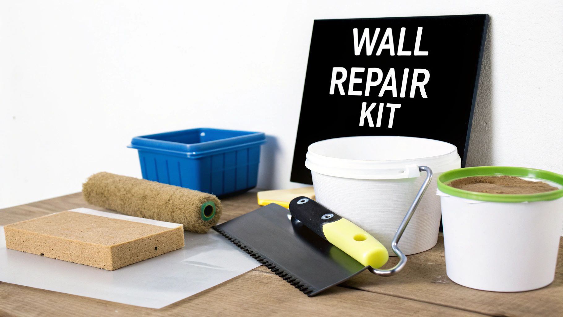 A wall repair kit on a wooden surface including a roller, sponge, trowel, and containers.