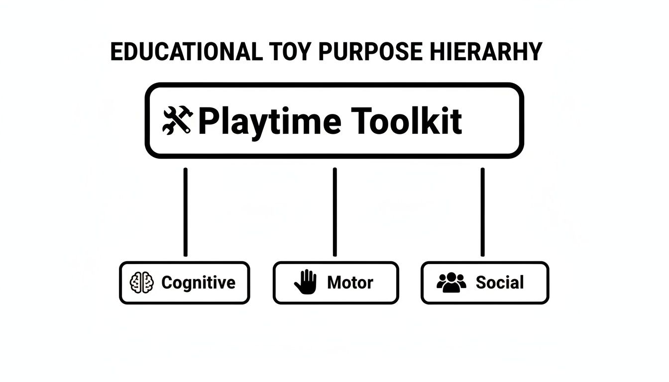 Educational toy purpose hierarchy diagram: Playtime Toolkit supports cognitive, motor, and social development in children.