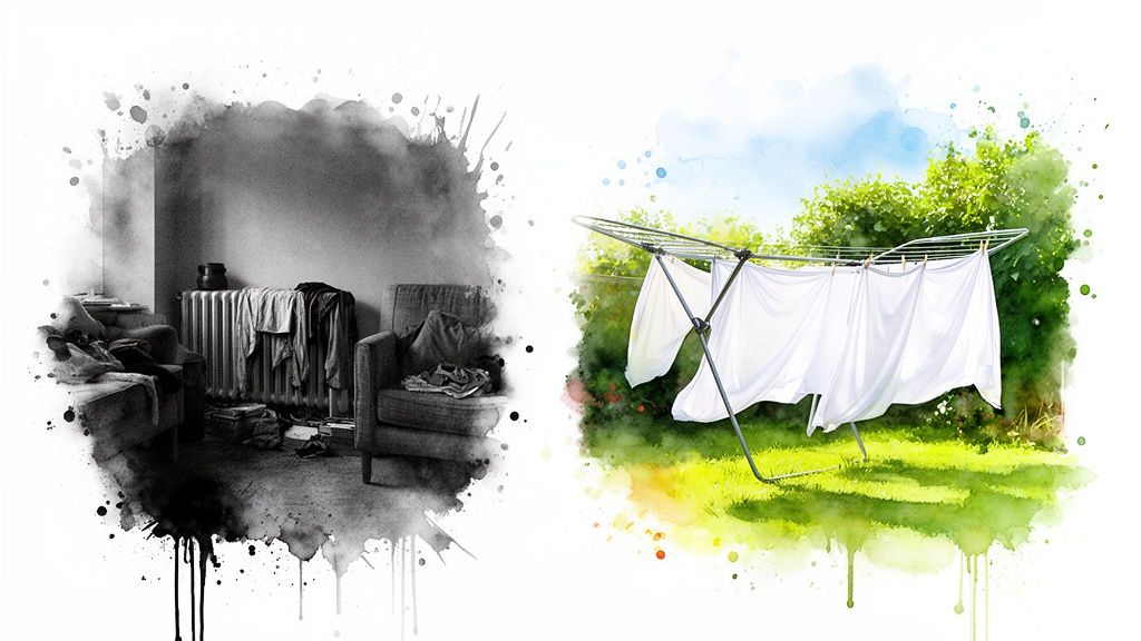 A split image showing a messy, dark room and white laundry drying on a clothesline in a sunny garden.